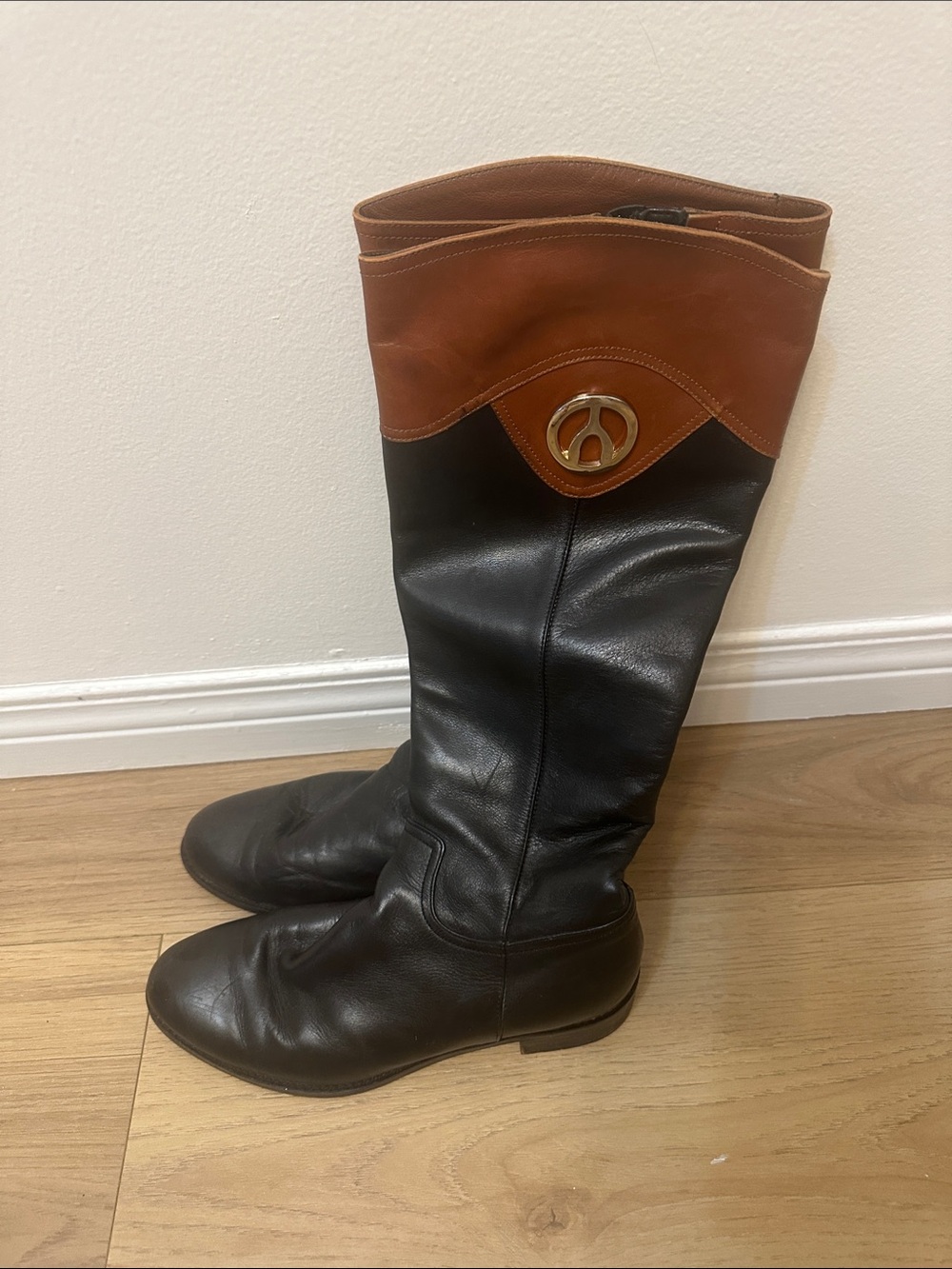Classic Two-Tone Leather Riding Boots - Black & Brown